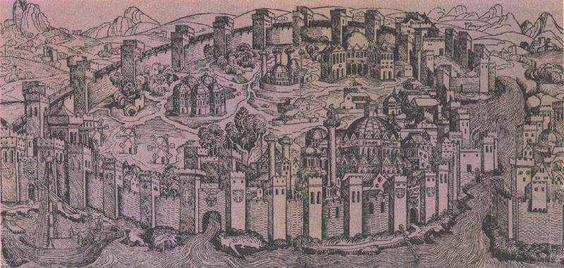 unknow artist den har kartan fran 1493 forestaller konstantinopel med hagia sofia kristenhetens mest beromda kyka till hoger. china oil painting image